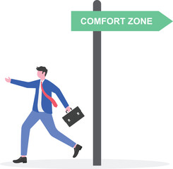 Businessman steps out of comfort zone circle, illustrating initiative to get out of safe zone.
