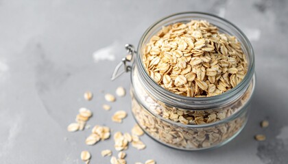 Organic Oats Flakes in Glass Jar for Premium Grain Food Object and Healthy Breakfast Concept