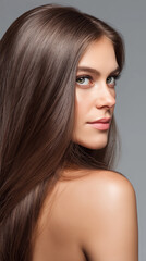 Naklejka premium Smiling young woman with long hair looking at camera in natural light. 