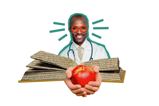 Composite photo collage of happy smile american doctor hold apple open book science nutritionist detox food isolated on painted background