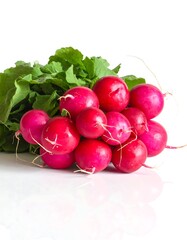 A bunch of vibrant pink radishes with fresh green leaves