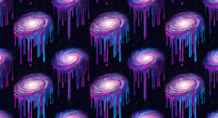 Seamless pattern of dripping galaxy illustrations on a dark starry background repeat design effect