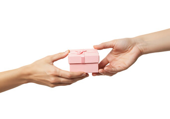 Hands exchanging a small pink gift box isolated on transparent background
