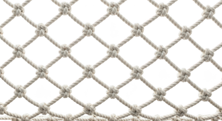 Close up of a woven rope net with diamond shaped openings isolated on transparent background