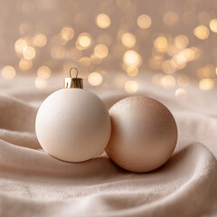 a macro shot of two or three minimalist beige and blush ornaments resting on soft beige fabric