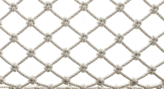 Close up of a woven rope net with diamond shaped openings isolated on transparent background