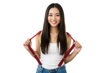 Smiling young woman with suspenders isolated on transparent background