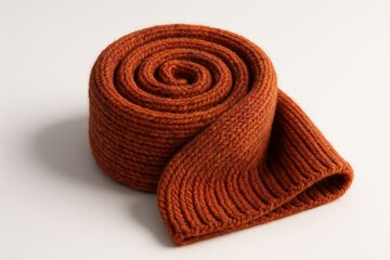 Rolled knitted scarf in warm orange color, soft texture, close-up shot, cozy winter accessory.