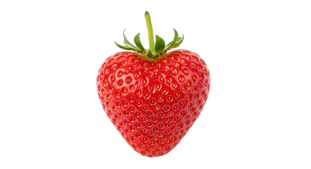 Isolated ripe red strawberry with green stem and seeds, juicy fresh fruit, sweet berry