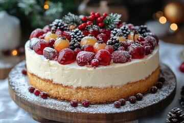 A cake topped with berries and pine decorations.