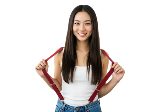 Smiling young woman with suspenders isolated on transparent background