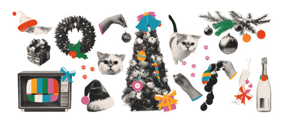 Christmas halftone art and hand drawn elements. Holiday Xmas stickers collage cut outs. Xmas tree, tree toys, wreath, bow, gift. Retro grunge vector illustration.