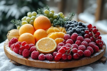 Fototapeta premium Fresh fruit and berries displayed on a wooden platt.