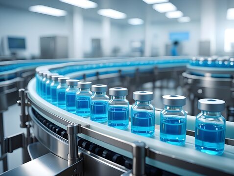 Pharmaceutical manufacturing line with vials of vaccine on conveyor belt