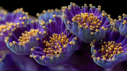 Purple coral polyps with bright yellow stamen-like centers