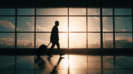 Traveler walking with suitcase through airport terminal.
