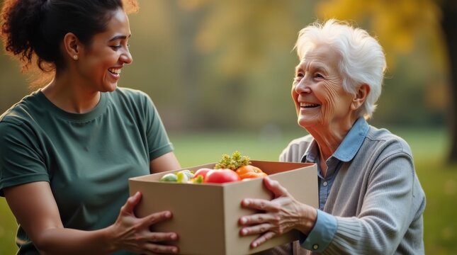 Voluntario con una sonrisa c&aacute;lida y manos amables entregando una caja de comida a una persona mayor con una expresi&oacute;n de agradecimiento