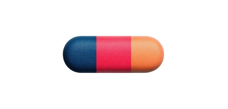 A capsule with three colored sections, in a gradient from blue, red, to orange. The backdrop is black