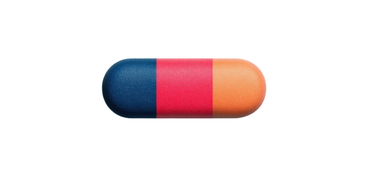 A capsule with three colored sections, in a gradient from blue, red, to orange. The backdrop is black - Powered by Adobe