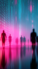Naklejka premium Silhouettes of people walking through a digital landscape filled with binary code and neon lighting. 
