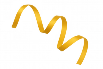 Golden ribbon floating and curling, creating a festive decorative element on transparent background