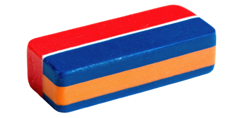 A rectangular, layered object featuring a red top, blue center, and orange base with white outlines