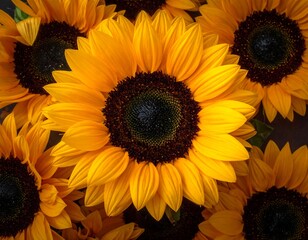 Close-up view of multiple sunflowers, vibrant yellow petals, dark centers