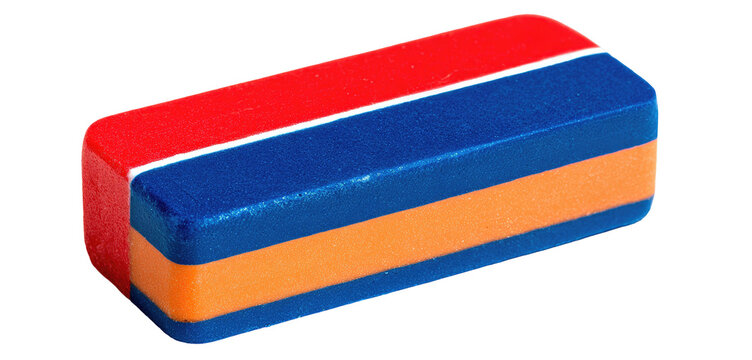 A rectangular, layered object featuring a red top, blue center, and orange base with white outlines