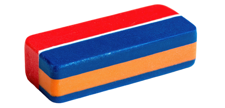 A rectangular, layered object featuring a red top, blue center, and orange base with white outlines