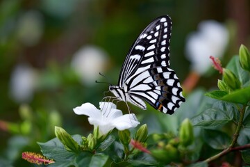 Obraz premium Butterfly with black and white patterned wings feeding on a white flower in lush greenery