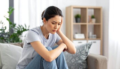 A young woman sits slumped on a couch, head in hands, appearing distressed.  She's Asian, wearing a light blue t-shirt and blue jeans.  Calm, neutral background of a living room