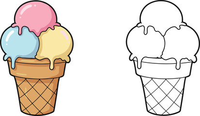Ice cream cone illustration, three scoops in color and outline versions, waffle cone with drips, dessert vector, children’s art asset
