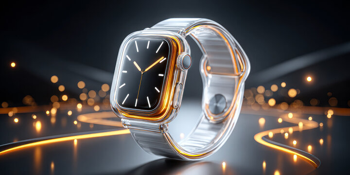 Futuristic transparent smartwatch with neon accents on dark tech background - Powered by Adobe