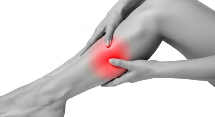 Close up of a woman s leg with a red area indicating pain isolated on transparent background