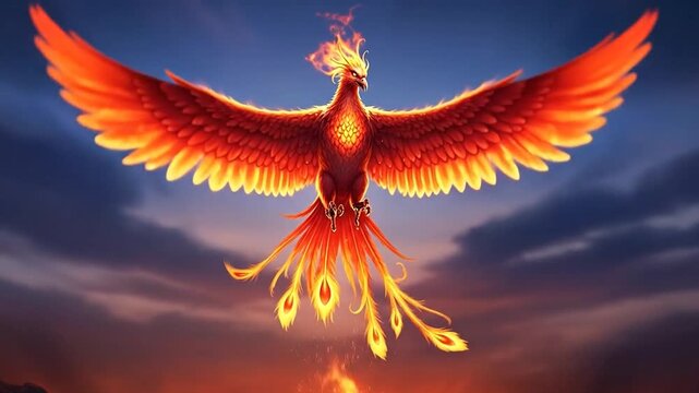 Mythical phoenix bird erupts from fire in stunning rebirth, vibrant animation