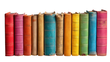 Row of colorful, antique, hardcover books displayed against a black background, isolated