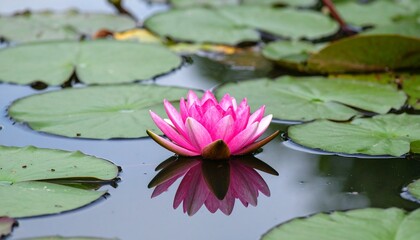 Pink Lotus Flower Floating on Water with Green Leaves for Premium Plant Object and Spiritual Nature Concept