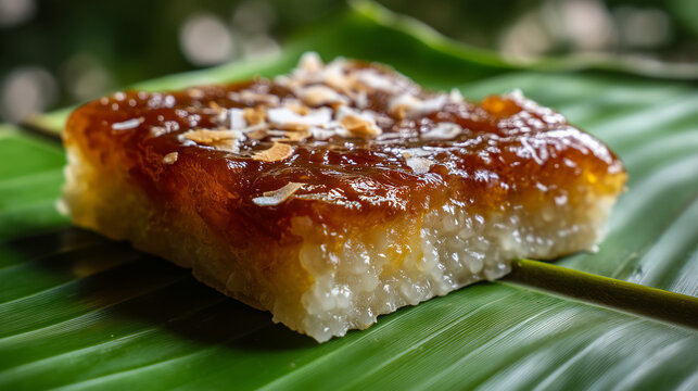 Delicious Filipino Rice Cake Dessert on Banana Leaf Served During Higantes Festival Feast of San Clemente, Traditional Sticky Rice Delicacy Representing Local Culture and Festive Celebration