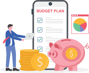 Budget planning, expense tracking, savings goal concept with character.
