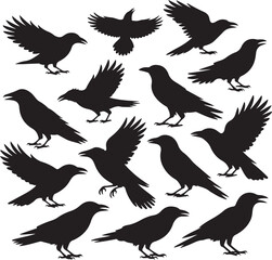 Obraz premium Collection of silhouettes of crows and ravens in various poses and flight