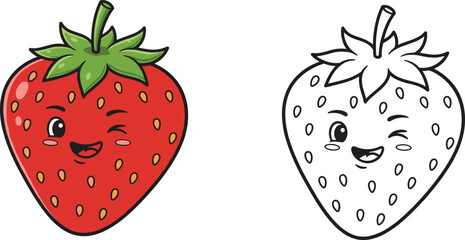 Strawberry cartoon illustration, full color and outline versions, winking fruit character with facial expression, kids coloring page, vector art asset