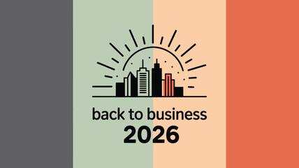 Illustration of city skyline with sun rays and back to business text on color block background