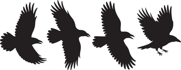 Four silhouettes of ravens in flight against a white background
