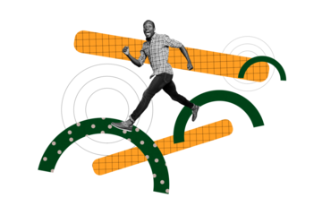 Composite trend artwork sketch image 3D photo collage of element geometry hurdle young man student walk way direction half circle success