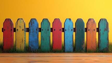 Colorful wooden fence with vertical planks on yellow background featuring rustic texture and vibrant palette evoking cheerful creative outdoor charm