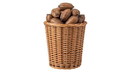 Isolated pecan nuts in wicker basket, harvest season, autumnal treat, healthy snack