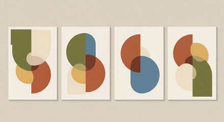 Set of four abstract geometric mid-century modern art prints with overlapping shapes and muted colors.