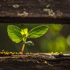 A young plant sprouts between weathered wooden beams, bathed in sunlight
