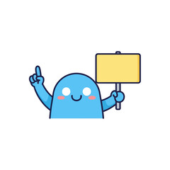 Cute blue cartoon character holding a sign and pointing upwards with a smile.