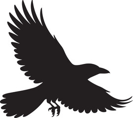Silhouette of a black crow in flight with wings spread wide against white background